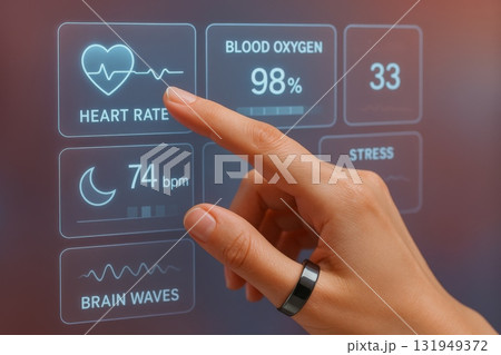 Smart ring tracking heart rate and health metrics on digital interface 131949372