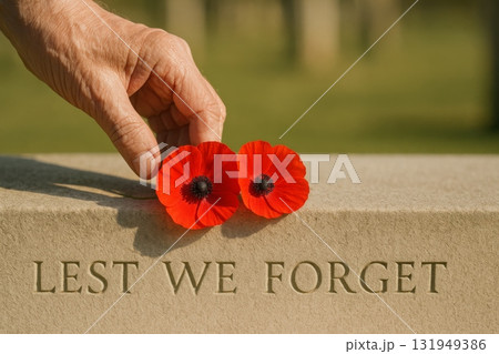Armistice remembrance day poppies on memorial stone, commemorative concept Armistice remembrance day poppies on memorial stone, commemorative concept 131949386