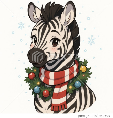 Anime zebra wearing wreath and striped scarf surrounded by snowflakes Anime zebra wearing wreath and striped scarf surrounded by snowflakes 131949395