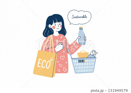 サステナブルな買い物をする女性(エコバッグ・マイボトル) サステナブルな買い物をする女性(エコバッグ・マイボトル) 131949579