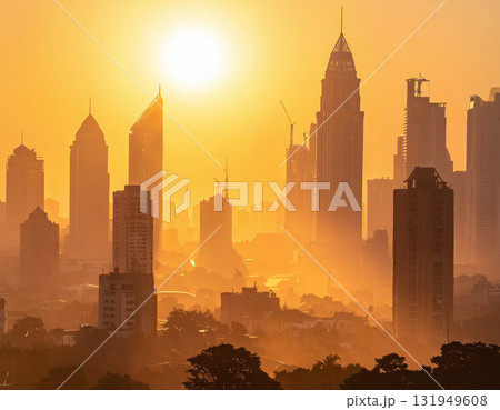 City Skyline in Golden Haze Under Intense Sunlight 131949608