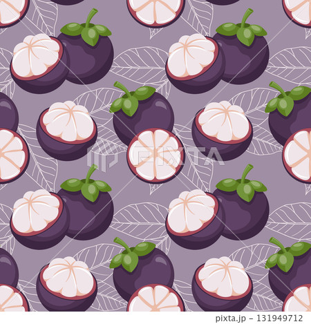 Seamless pattern with mangosteen. Exotic mangosteen fruit repeat design. Tropical fruit background. 131949712