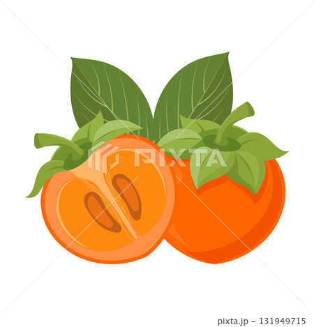 Fresh Persimmon fruit with green leaves. Tropical fruit illustration. Fresh Persimmon fruit with green leaves. Tropical fruit illustration. 131949715