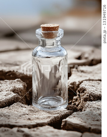 Glass Bottle with Ice on Cracked Dry Ground Glass Bottle with Ice on Cracked Dry Ground 131949716