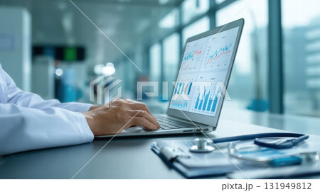 medical in a white coat with laptop 131949812
