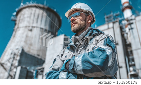Industrial worker at power plant. Confident engineer wearing safety gear and standing in front of a large industrial structure on a bright day. 131950178