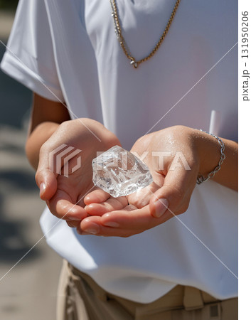 Hands Holding a Melting Ice Cube as a Symbol of Global Warming. 131950206