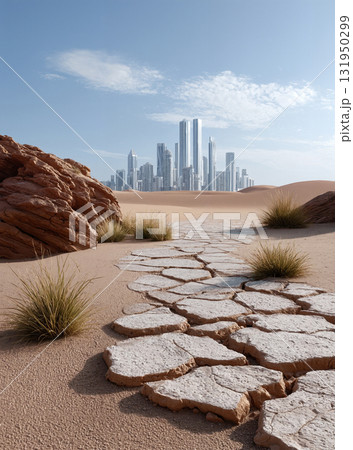 Cracked Earth Leading to Modern City Skyline 131950299
