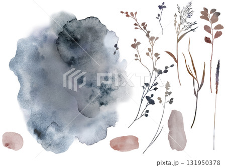 Watercolor dried leaves in brown and gray tones with spots, boho autumn wedding isolated illustration 131950378
