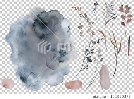 Watercolor dried leaves in brown and gray tones with spots, boho autumn wedding isolated illustration 131950378