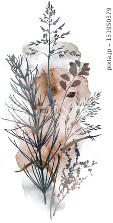 Watercolor boho autumn floral bouquet with dried leaves in earthy tones, wedding illustration 131950379
