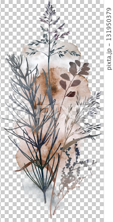 Watercolor boho autumn floral bouquet with dried leaves in earthy tones, wedding illustration 131950379