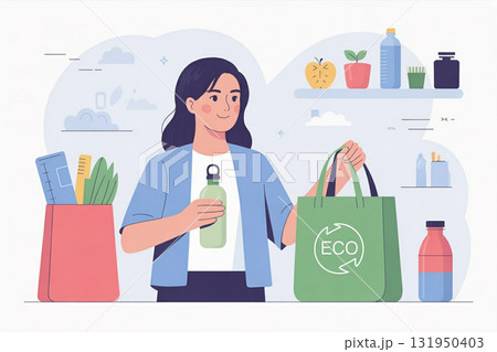 サステナブルな買い物をする女性(エコバッグ・マイボトル) サステナブルな買い物をする女性(エコバッグ・マイボトル) 131950403