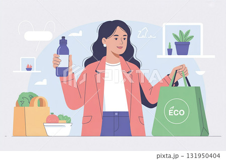 サステナブルな買い物をする女性(エコバッグ・マイボトル) サステナブルな買い物をする女性(エコバッグ・マイボトル) 131950404