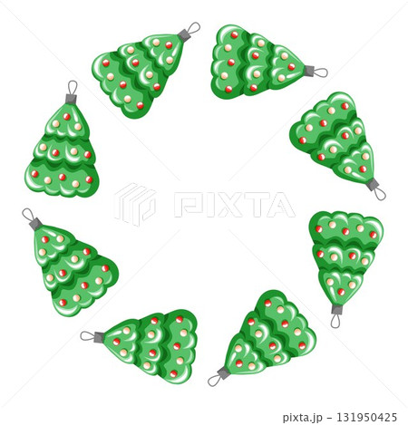 Christmas tree toy ornament in a circular wreath pattern on a white background in cartoon style. Christmas tree toy ornament in a circular wreath pattern on a white background in cartoon style. 131950425