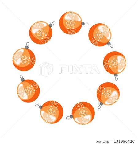 Golden Christmas tree ball in a circular wreath on a white background with festive decorative pattern in cartoon style. 131950426