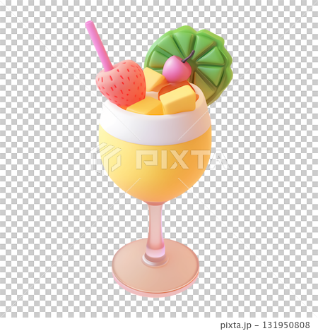 3d cartoon cocktail with strawberries, mango, cherry and tropical fruits. Tasty summer drink, isolated design element 131950808