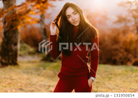 beautiful woman relax in autumn forest 131950854