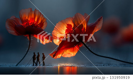Remembrance day banner with red poppy flowers and Soldiers Silhouettes. Memorial for victims of Warld war Remembrance day banner with red poppy flowers and Soldiers Silhouettes. Memorial for victims of Warld war 131950919
