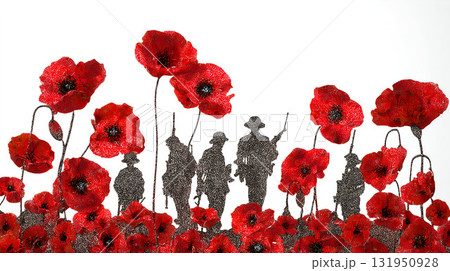 Remembrance day banner with red poppy flowers and Soldiers Silhouettes against white background. Memorial for victims of Warld war Remembrance day banner with red poppy flowers and Soldiers Silhouettes against white background. Memorial for victims of Warld war 131950928