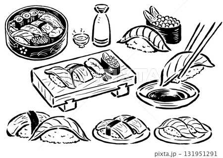 色々な寿司　単色線画のみ　筆タッチ手描きイラスト 131951291