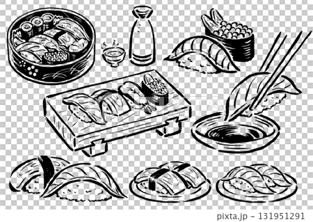 色々な寿司　単色線画のみ　筆タッチ手描きイラスト 131951291