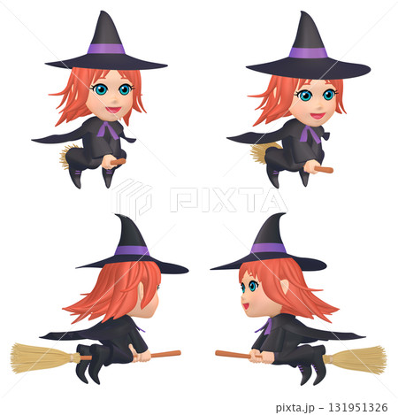 ハロウィンのイラスト素材　箒に乗った小さな魔女（1）　カット四点セット（1） 131951326