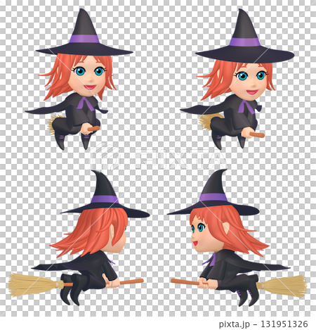 ハロウィンのイラスト素材　箒に乗った小さな魔女（1）　カット四点セット（1） 131951326
