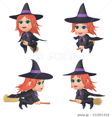 ハロウィンのイラスト素材　箒に乗った小さな魔女（1）　カット四点セット（3） 131951328