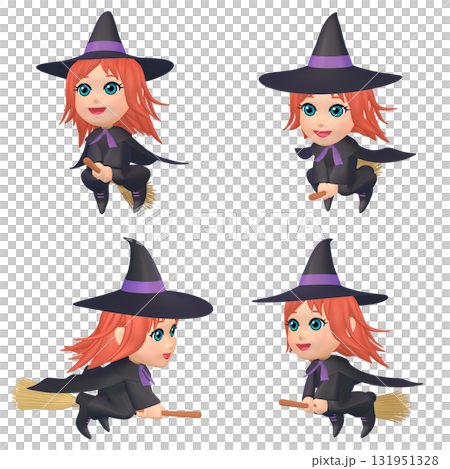 萬聖節插畫素材：騎著掃帚的小女巫（1）剪紙四件組（3） 131951328