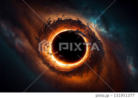 Black hole, stars and cloud fields in outer space. planetary nebula. Nebula in outer space, galaxy. Beautiful space neon abstract background. 3D illustration 131951377