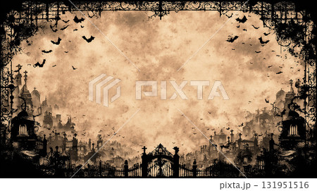 古い紙のテクスチャに、不気味な墓地のシルエットとコウモリが描かれたグランジ風のフレーム。 131951516