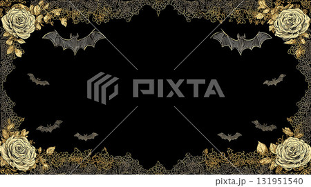 金色の薔薇とレース、コウモリが黒い背景を彩る、アンティークで美しいハロウィン用フレーム。 金色の薔薇とレース、コウモリが黒い背景を彩る、アンティークで美しいハロウィン用フレーム。 131951540