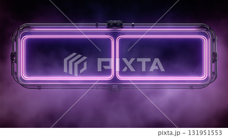 紫色の煙の中に浮かぶ、二つのパープルのネオンサインが輝くインダストリアルな金属フレーム。 131951553