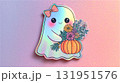 グラデーション背景で、可愛いお化けのキャラクターが花束とカボチャを抱えているステッカー風イラスト。 131951576