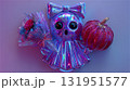 リボンを付けた可愛いお化けのキャラクターが花束とカボチャをプレゼントしている3Dイラスト。 131951577