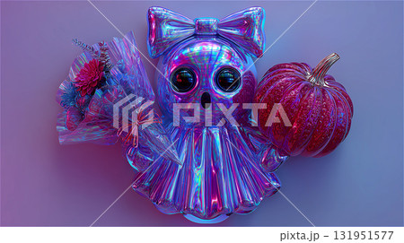 リボンを付けた可愛いお化けのキャラクターが花束とカボチャをプレゼントしている3Dイラスト。 131951577