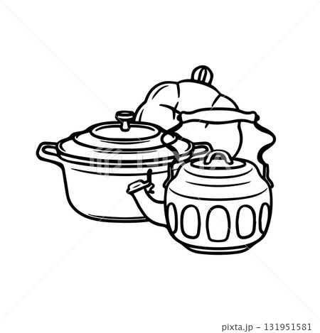 A culinary doodle illustration for a cafe or restaurant menu. A kettle, saucepan, and potholder. 131951581