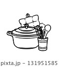 Doodle illustration on the theme of cooking. Kitchen utensils: a saucepan, a potholder, a trivet with spoons, and a whisk, for decorating cafe and restaurant menus. 131951585