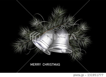 Merry Christmas. Isolated composition of a bell and white fir tree branches 131951777