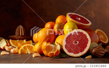 Citrus fruits on a old brown table. Citrus fruits on a old brown table. 131951884