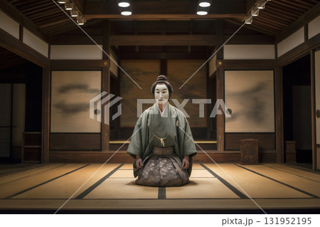 能面の静寂 ― 舞台に立つ能役者の荘厳な姿、稽古 131952195