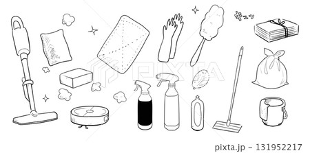 掃除道具のセット(黒線画)|掃除機,モップ,洗剤,スポンジ,手袋,ごみ袋,大掃除,ベクター 掃除道具のセット(黒線画)|掃除機,モップ,洗剤,スポンジ,手袋,ごみ袋,大掃除,ベクター 131952217