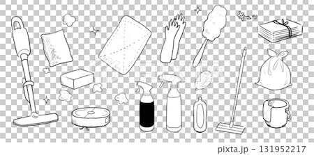 掃除道具のセット(黒線画)|掃除機,モップ,洗剤,スポンジ,手袋,ごみ袋,大掃除,ベクター 掃除道具のセット(黒線画)|掃除機,モップ,洗剤,スポンジ,手袋,ごみ袋,大掃除,ベクター 131952217