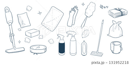 掃除道具のセット(緑線画)|掃除機,モップ,洗剤,スポンジ,手袋,ごみ袋,大掃除,ベクター 掃除道具のセット(緑線画)|掃除機,モップ,洗剤,スポンジ,手袋,ごみ袋,大掃除,ベクター 131952218