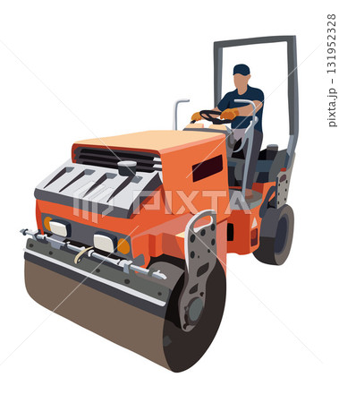 Vector isolated illustration of an asphalt paver. Worker rolling asphalt. Vector isolated illustration of an asphalt paver. Worker rolling asphalt. 131952328