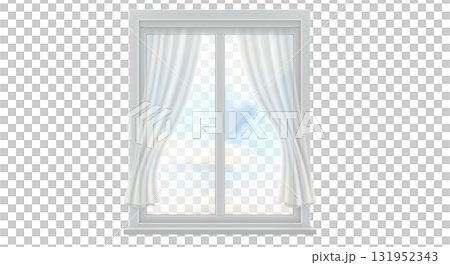 Bright airy window with flowing white curtains framing a serene sky view, evokes peacefulness and tranquility, perfect for home design and relaxation visuals Bright airy window with flowing white curtains framing a serene sky view, evokes peacefulness and tranquility, perfect for home design and relaxation visuals 131952343
