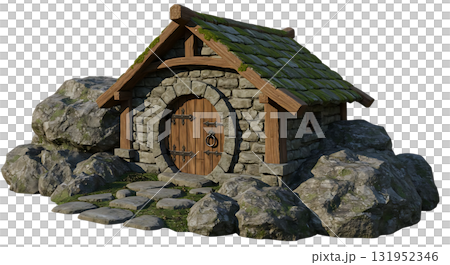 Enchanting stone cottage with mossy roof beckons from storybook lands, inviting fantasy and whimsical adventures in a peaceful, magical world Enchanting stone cottage with mossy roof beckons from storybook lands, inviting fantasy and whimsical adventures in a peaceful, magical world 131952346