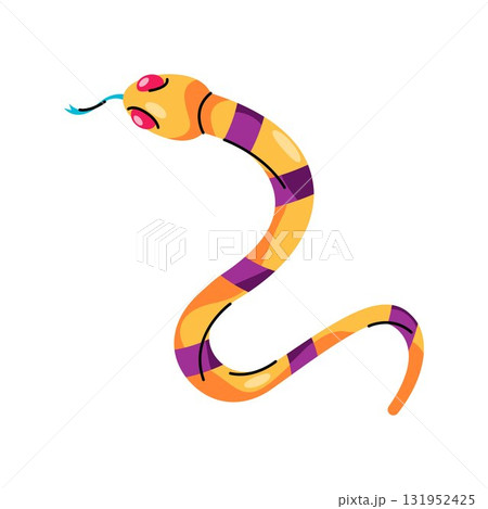 Striped snake or camouflage reptile. Vector serpent animal with body stripes. Wild jungle or tropic forest, dessert nature. Slithering nature and wilderness fauna. Zoology and biology, herpetology. 131952425