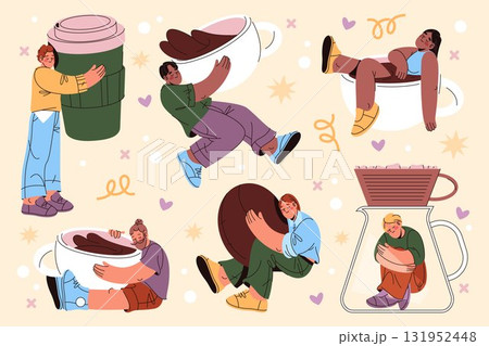 Set of coffee lovers. Vector hot drink takeaway sign. Coffeeshop or bistro, cafe or energy beverage store poster. Morning daily caffeine. Mocha and cappuccino sign. Latte mug cartoon icon. Barista. Set of coffee lovers. Vector hot drink takeaway sign. Coffeeshop or bistro, cafe or energy beverage store poster. Morning daily caffeine. Mocha and cappuccino sign. Latte mug cartoon icon. Barista. 131952448